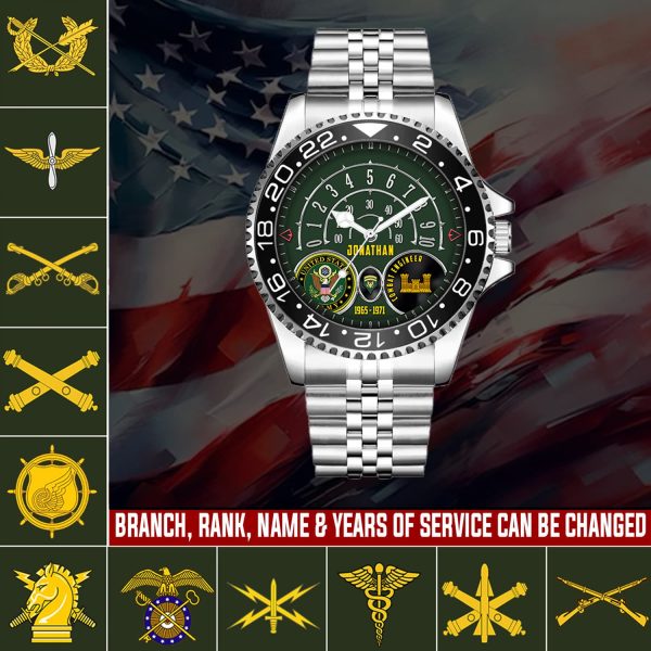 1 Army Enlisted Ranks And Insignia Army Branch Black Stainless Steel Silver Watch SS7 1