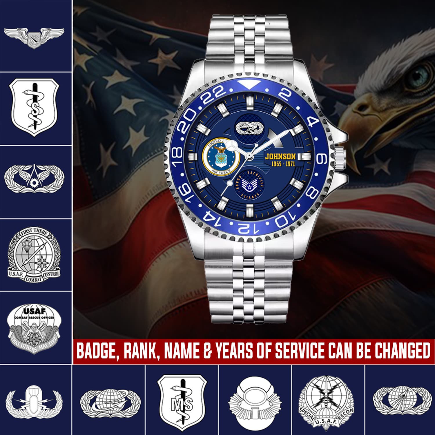 1 Usaf Enlisted Rank, Airforce Badge Stainless Steel Silver Watch SS8 (1)
