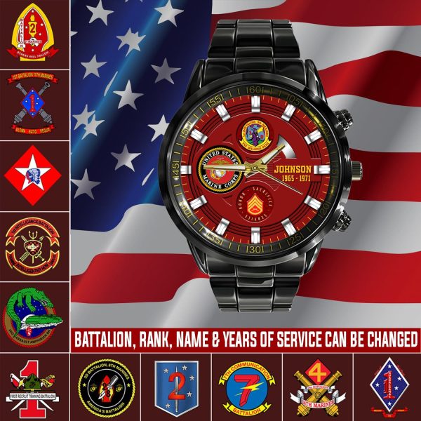 United States Marines Dress Blues USMC Battailons Black Stainless Steel Watch SS8 1