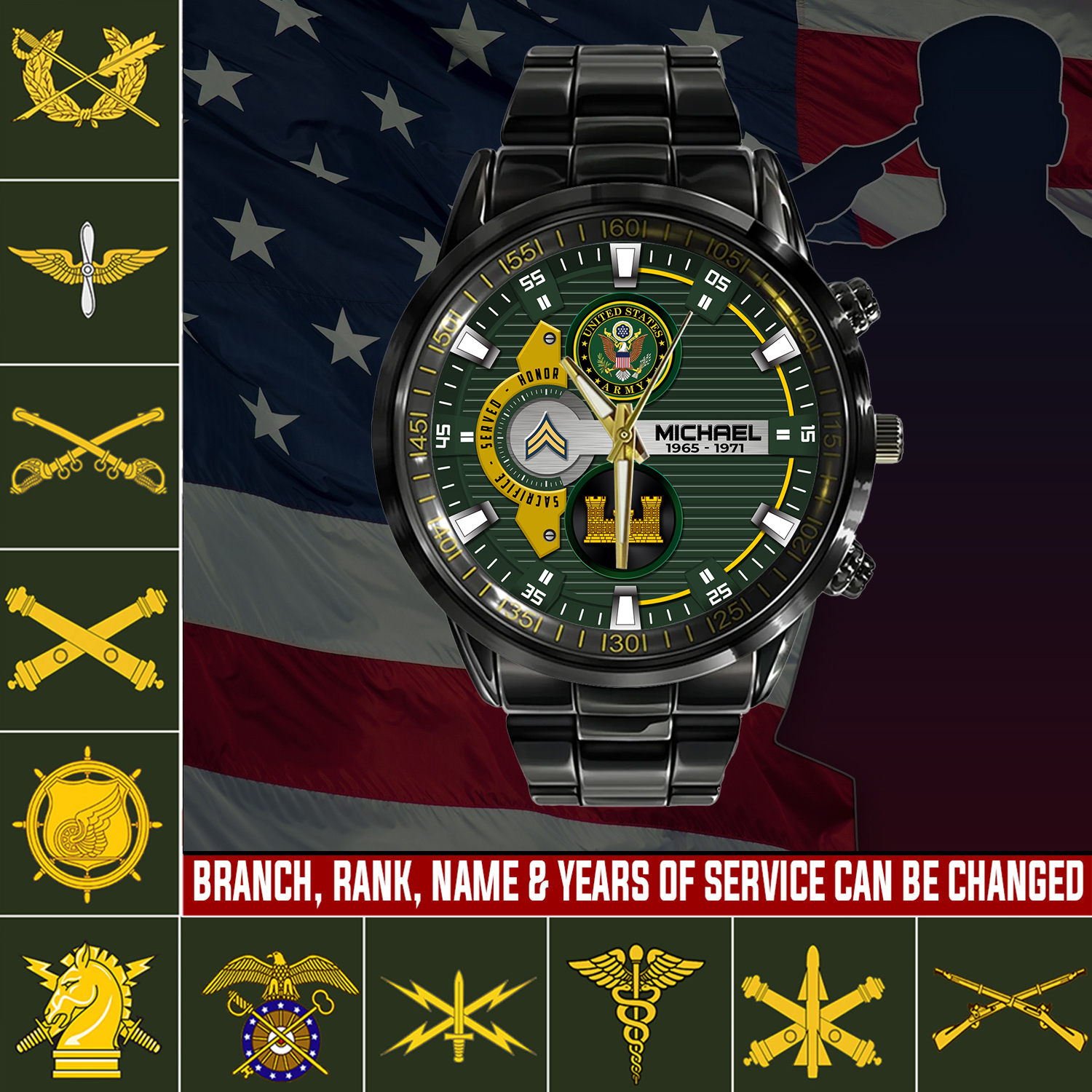 customized us army branches ss4 black stainless steel watch bbhdc