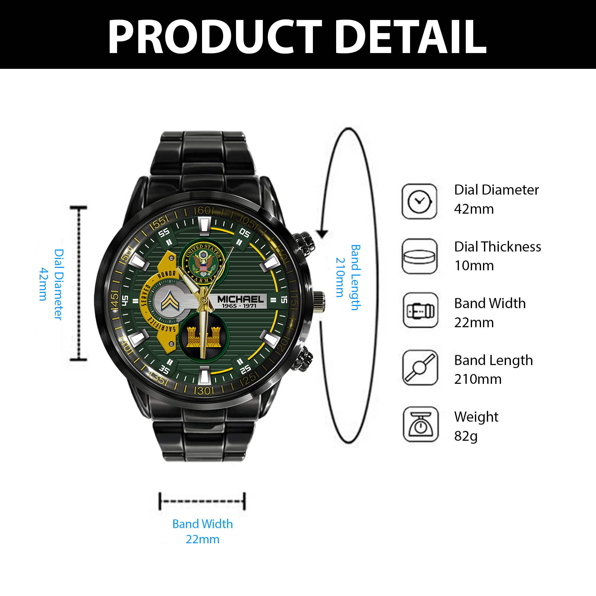 customized us army branches ss4 black stainless steel watch gihxv