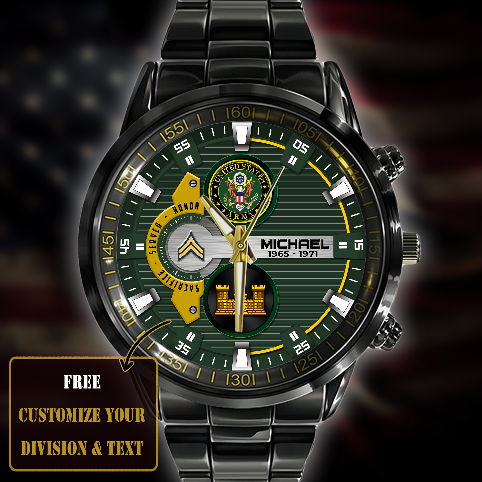 customized us army branches ss4 black stainless steel watch hsxkd