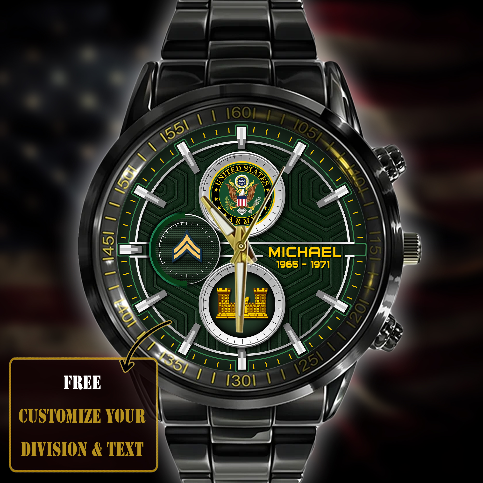 customized us army branches ss5 black stainless steel watch frxol