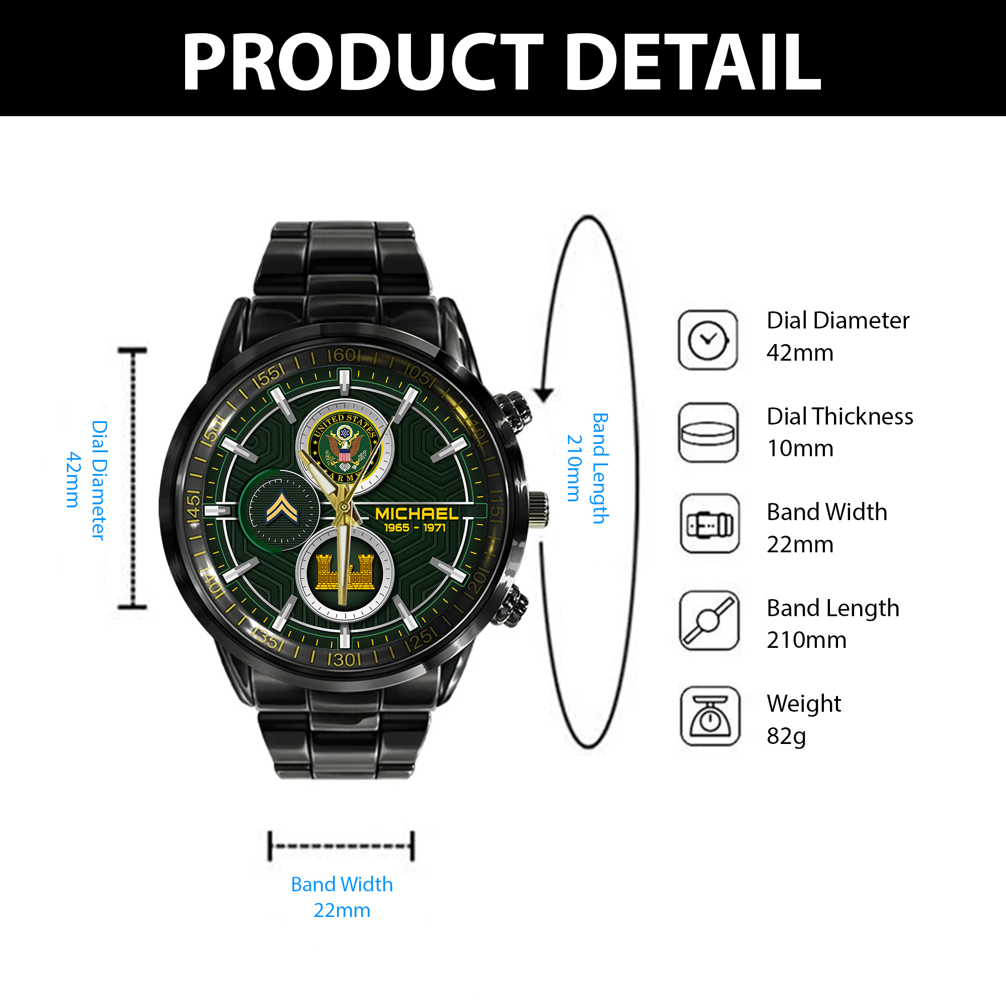 customized us army branches ss5 black stainless steel watch pg6md