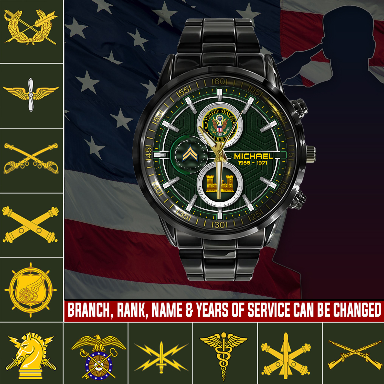 customized us army branches ss5 black stainless steel watch r6tea