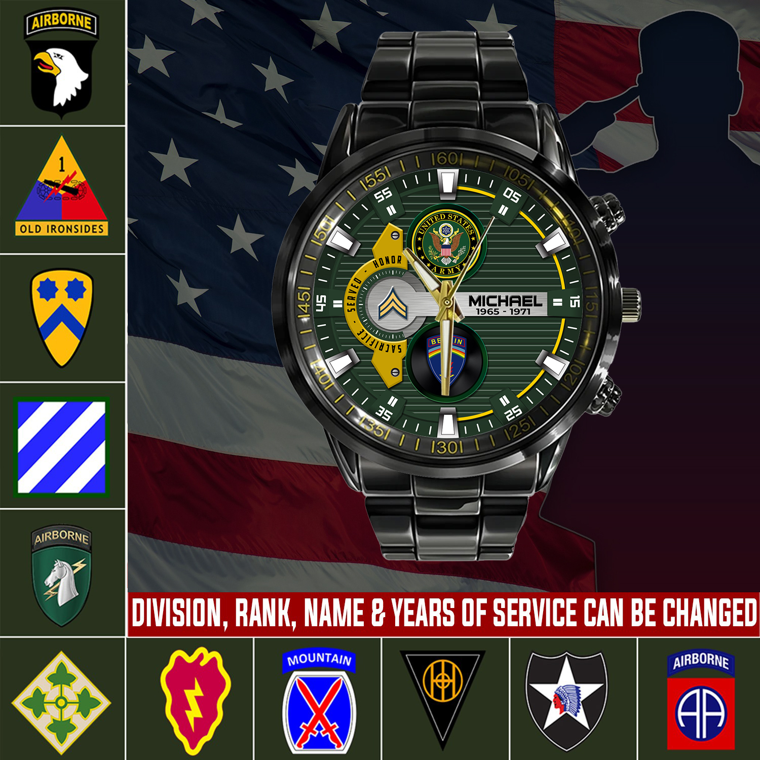 customized us army divisions ss4 black stainless steel watch gixlv