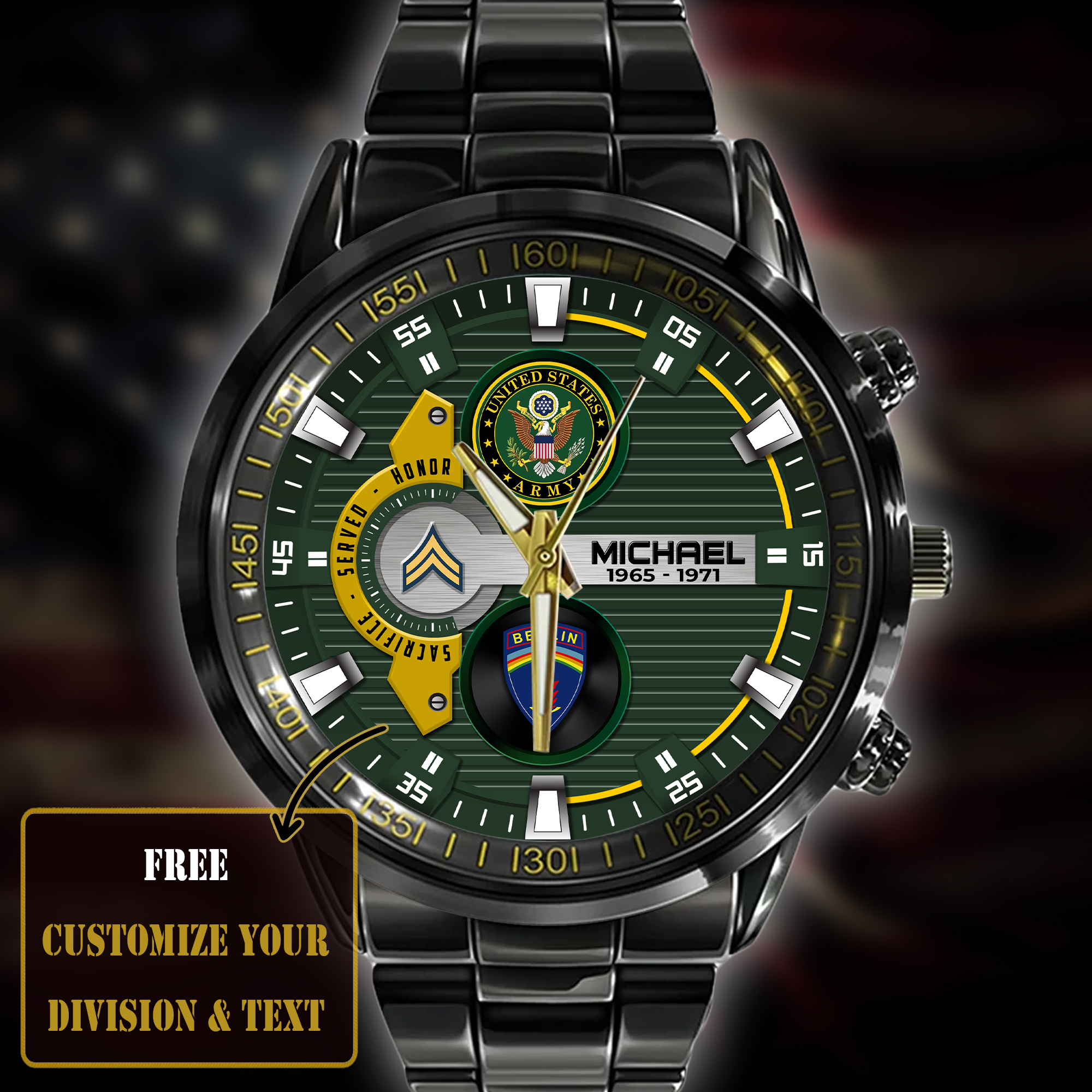 customized us army divisions ss4 black stainless steel watch tmbsk