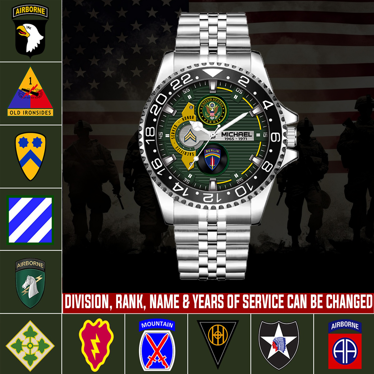 customized us army divisions ss4 silver classic stainless steel watch fyx5e