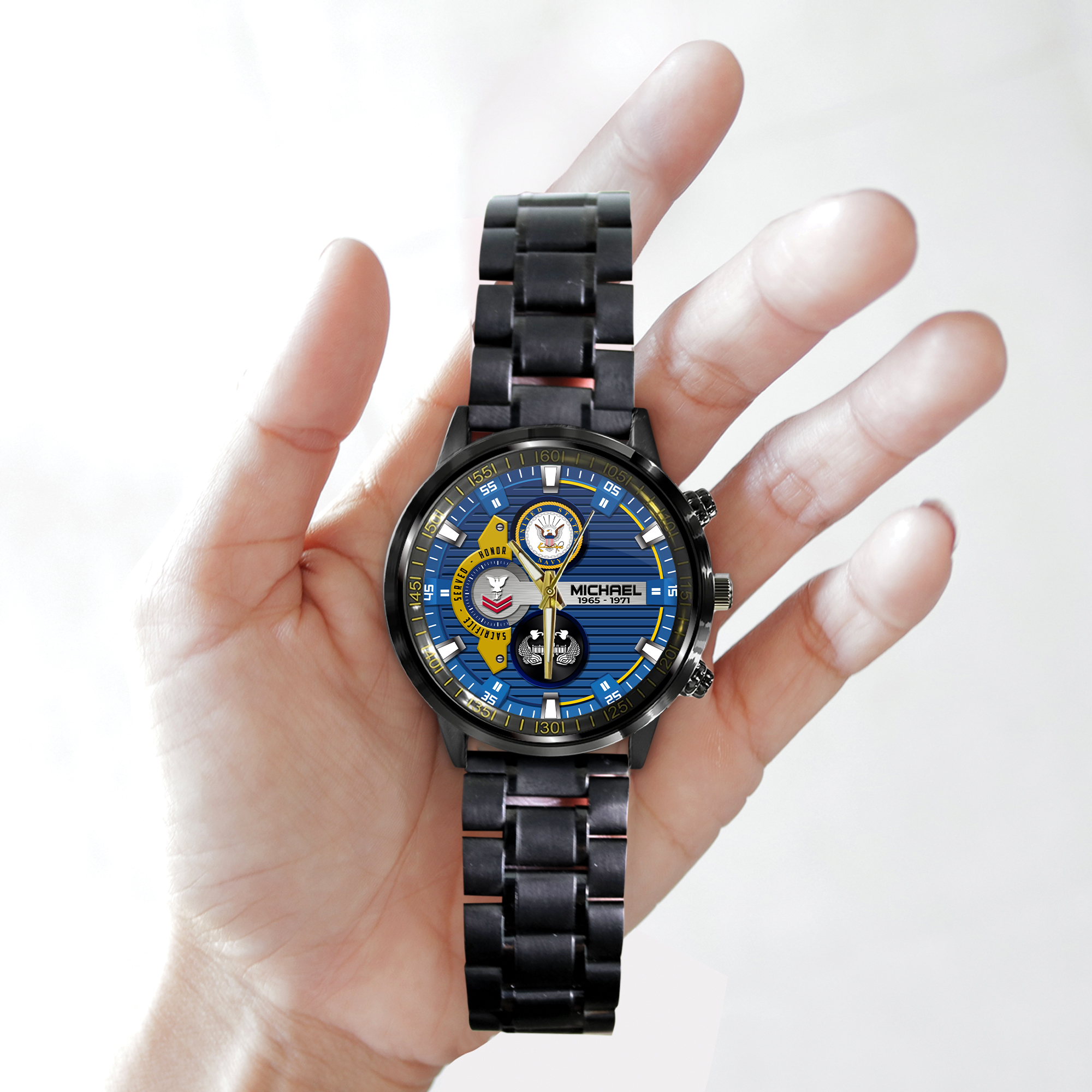 customized us navy badge ss4 black stainless steel watch 7lsga