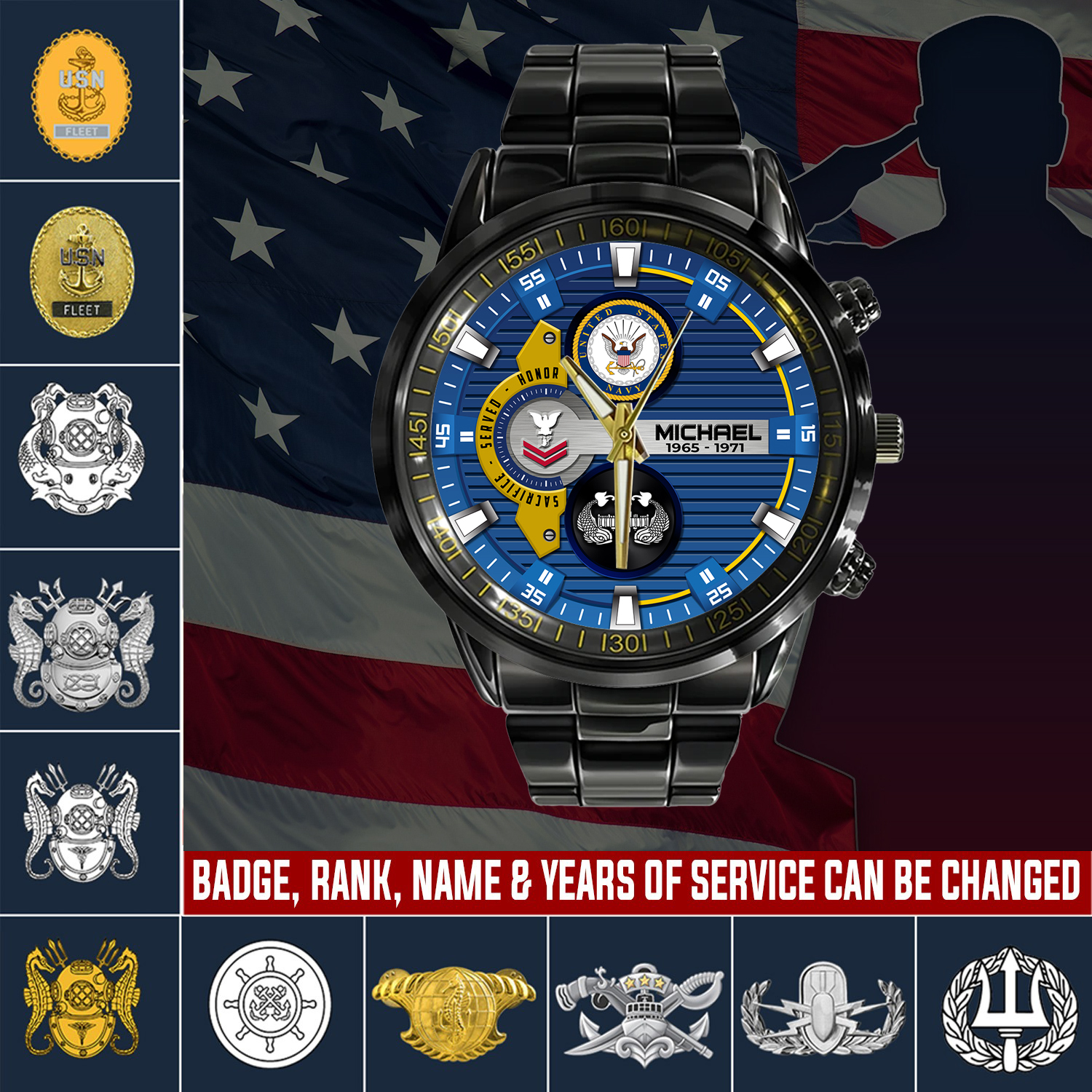 customized us navy badge ss4 black stainless steel watch ewas3