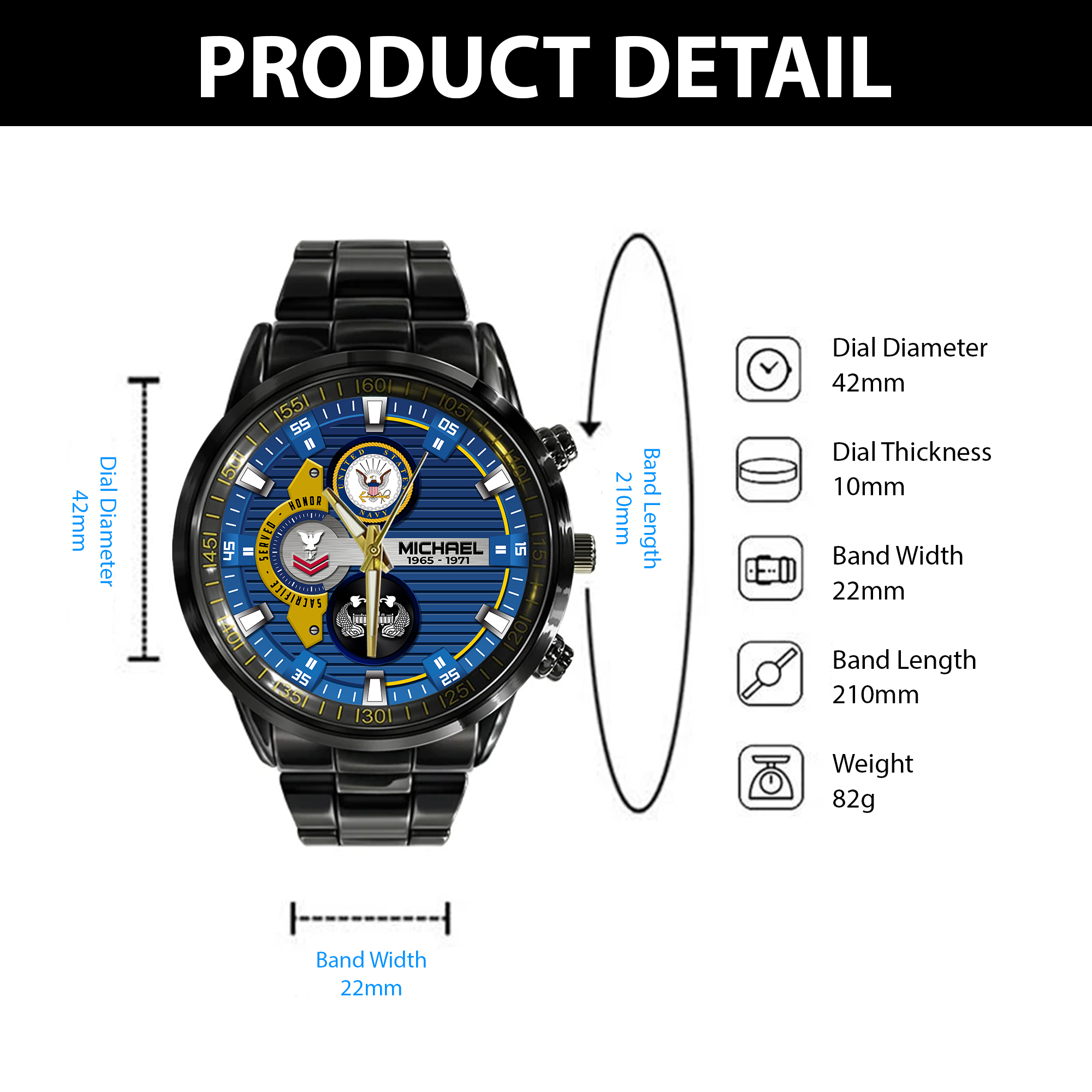 customized us navy badge ss4 black stainless steel watch gvbxa