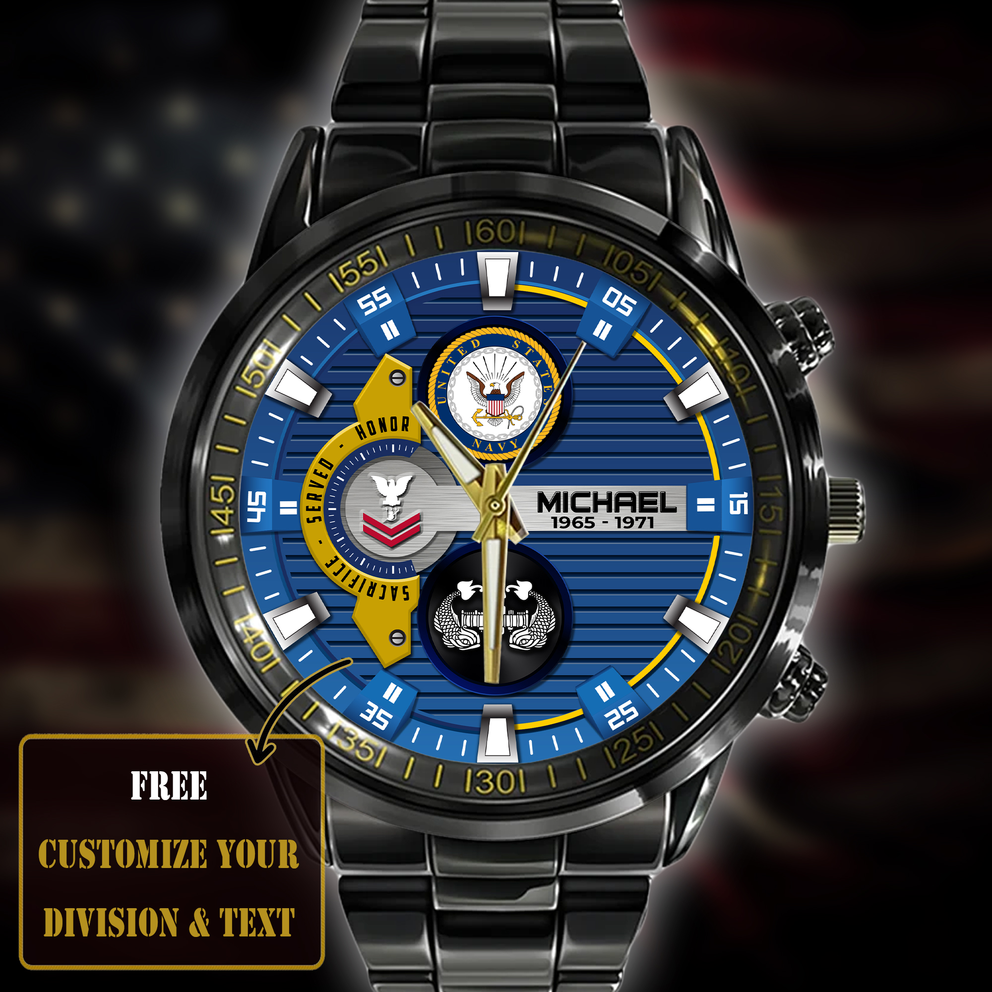 customized us navy badge ss4 black stainless steel watch rnclp