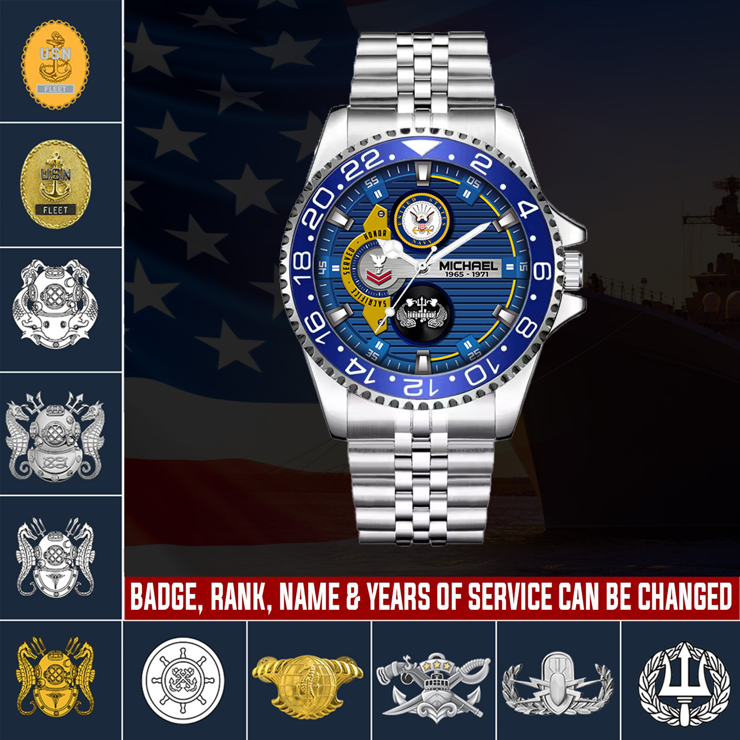 customized us navy badge ss4 silver classic stainless steel watch zdmbr