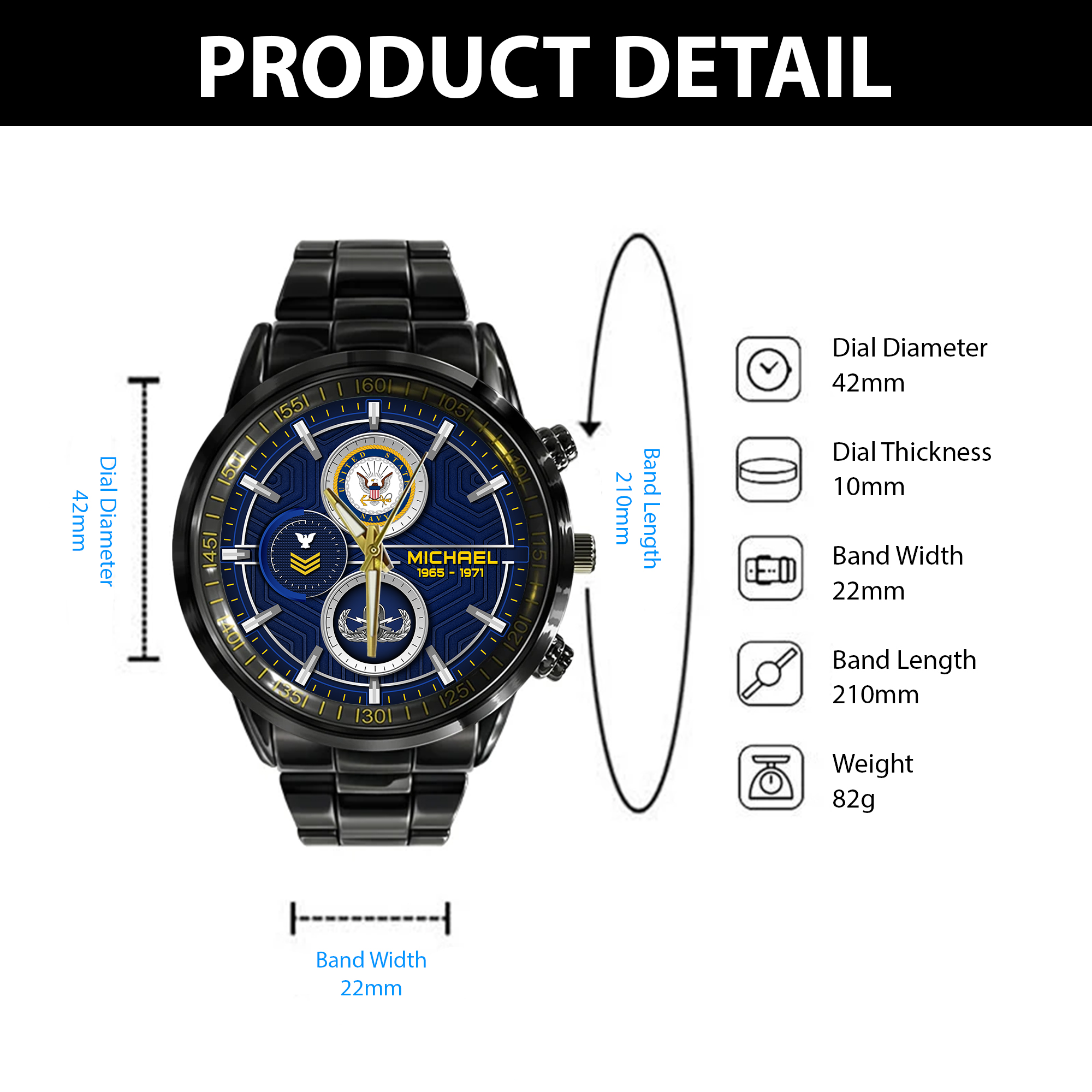 customized us navy badge ss5 black stainless steel watch nvpul