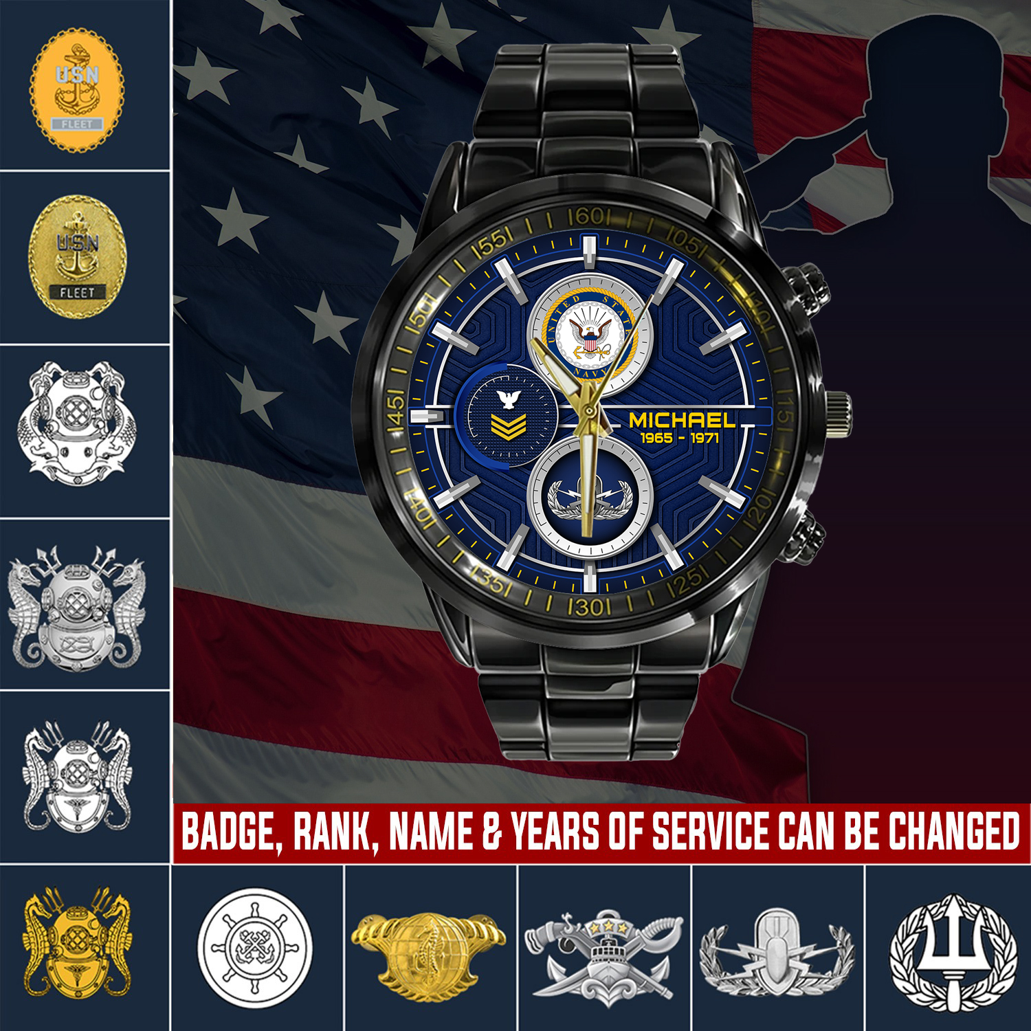 customized us navy badge ss5 black stainless steel watch oe3tf