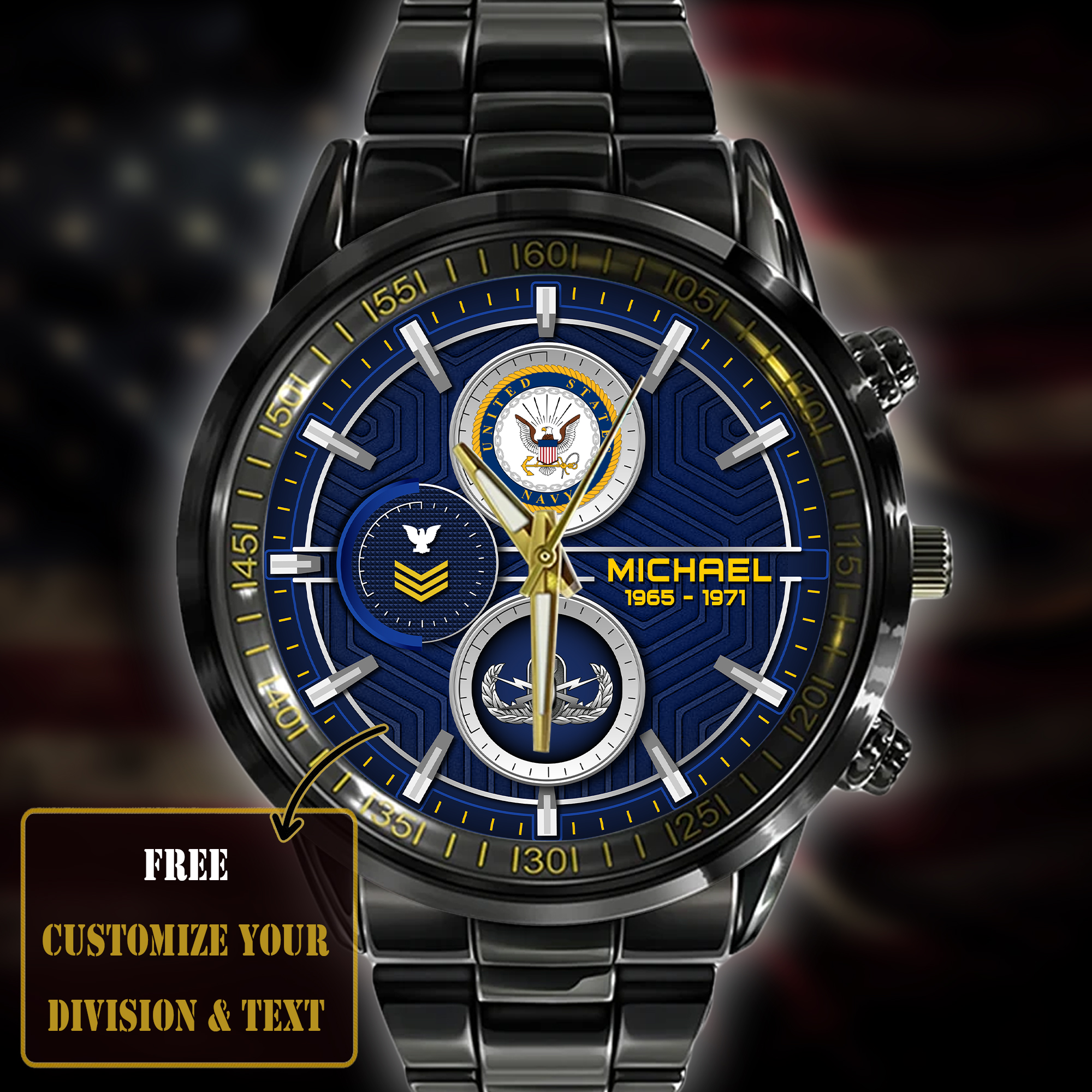 customized us navy badge ss5 black stainless steel watch w2jxu