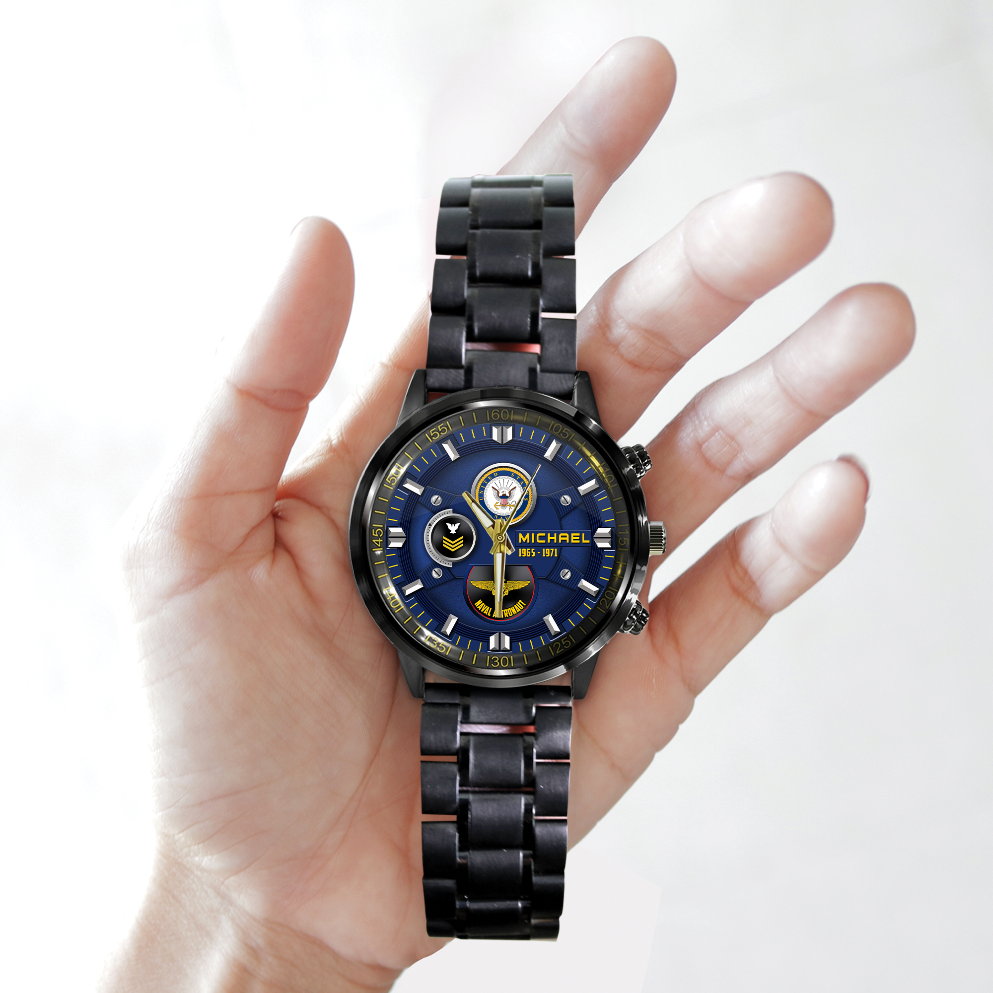 customized us navy badge ss6 black stainless steel watch gn1hm