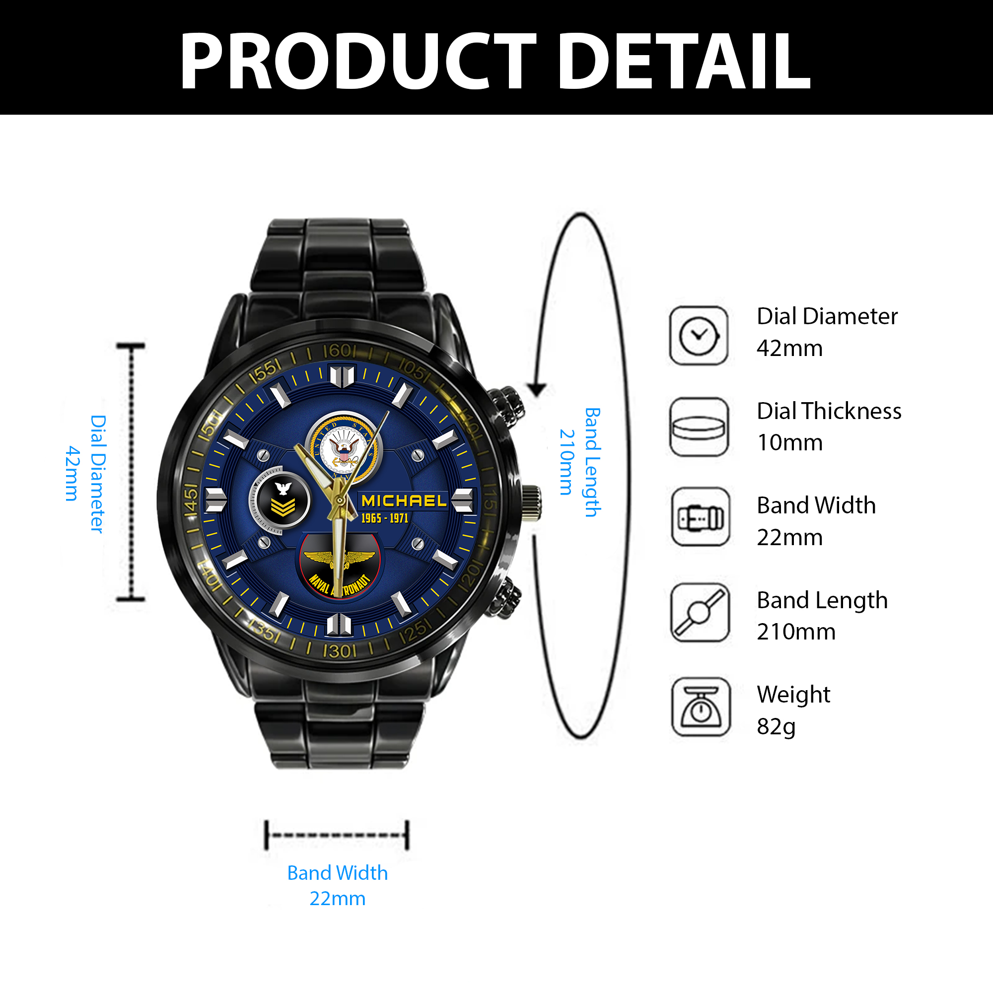 customized us navy badge ss6 black stainless steel watch jldl2