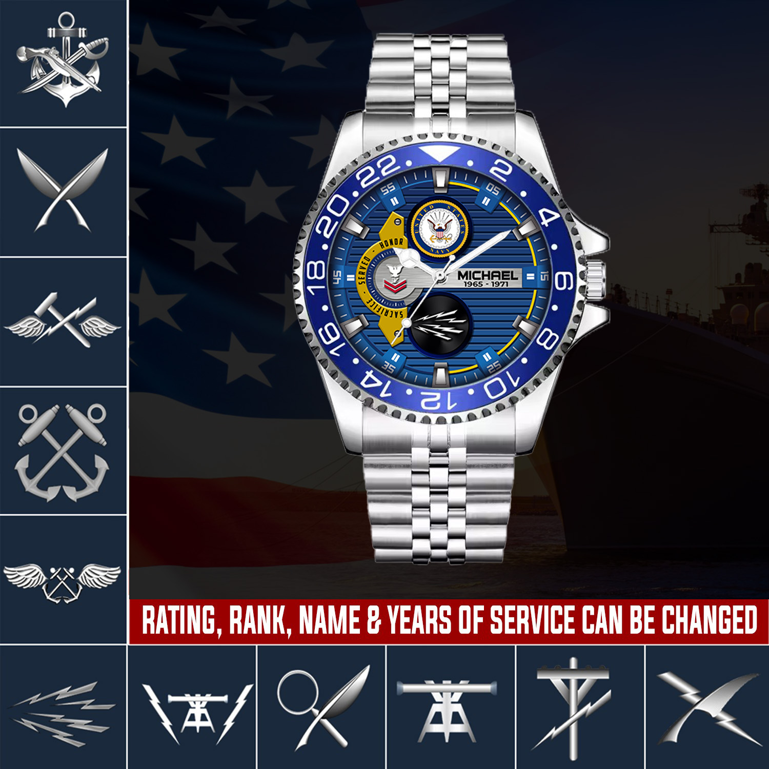 customized us navy rating ss4 silver classic stainless steel watch 6v7zn