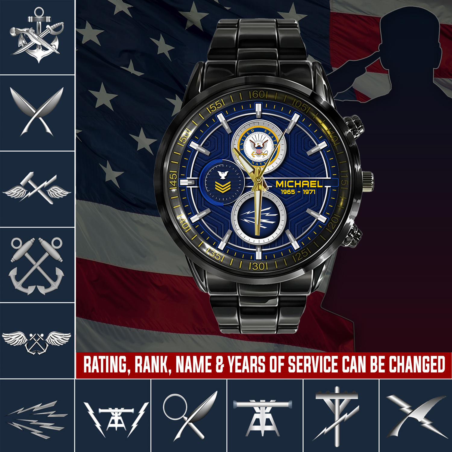 customized us navy rating ss5 black stainless steel watch y287m