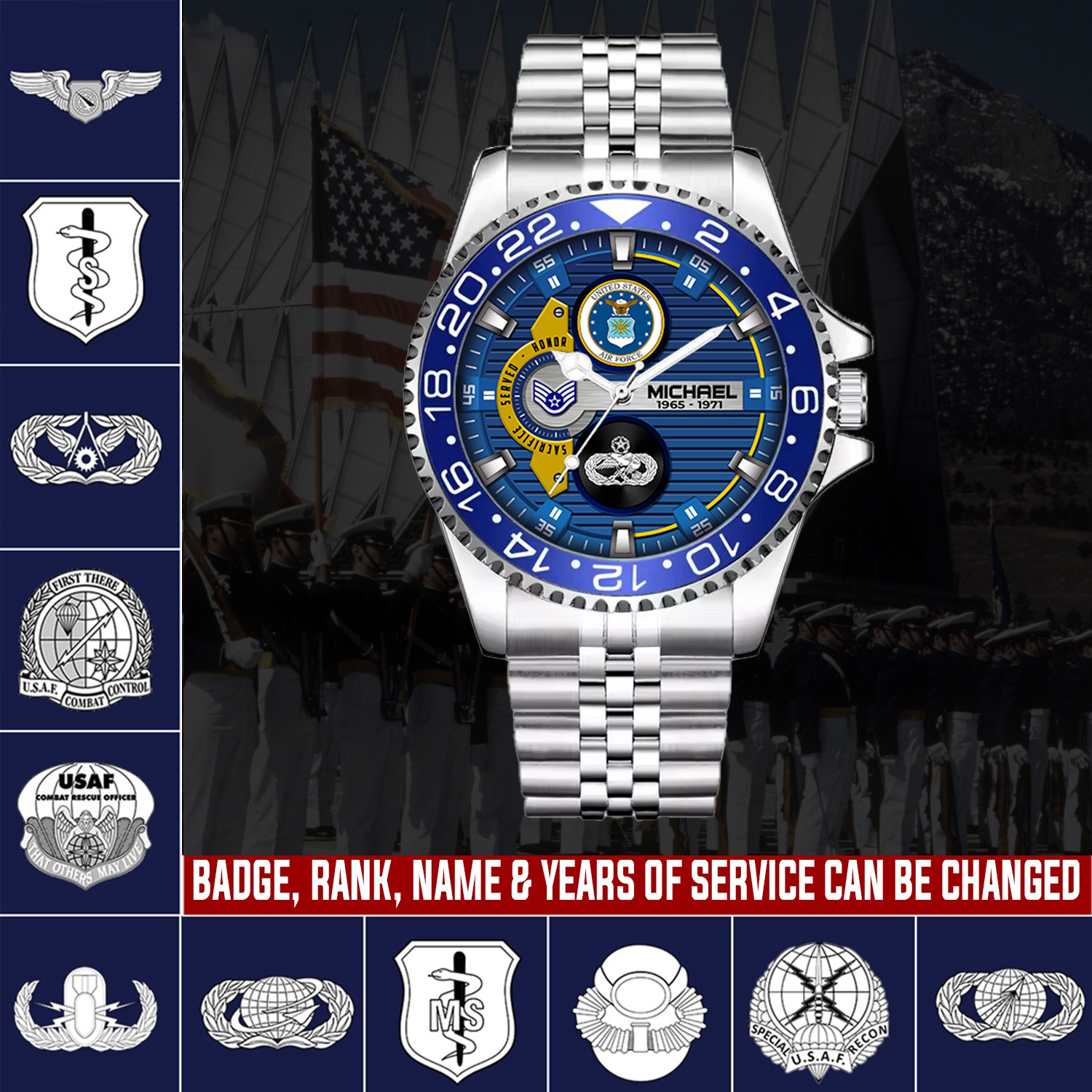 customized usaf badge ss4 silver classic stainless steel watch pk8tj