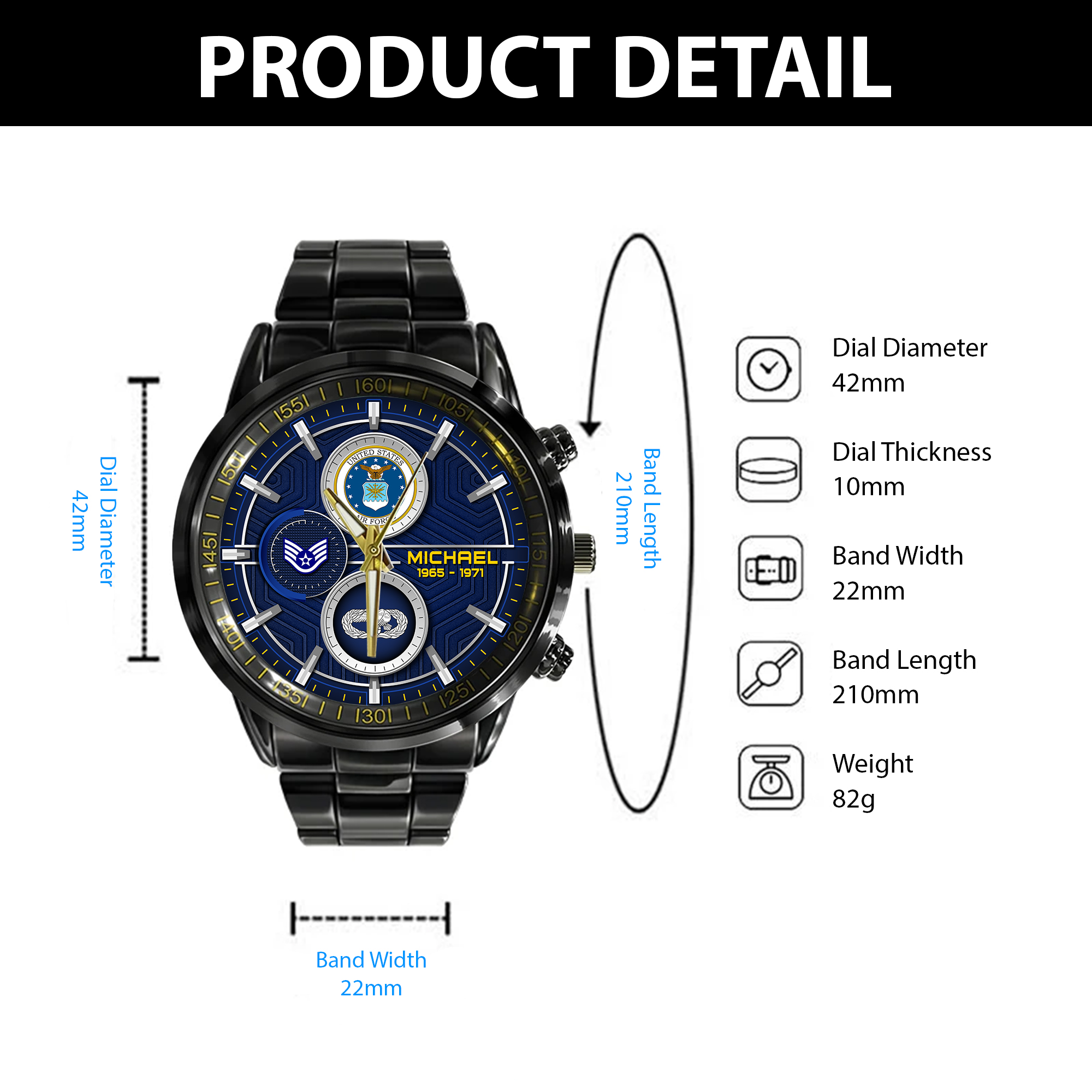 customized usaf badge ss5 black stainless steel watch ydphp