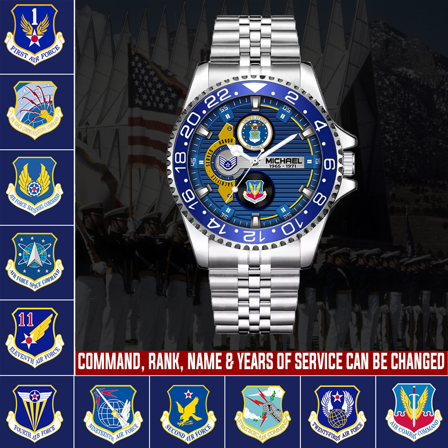 customized usaf command ss4 silver classic stainless steel watch w659b