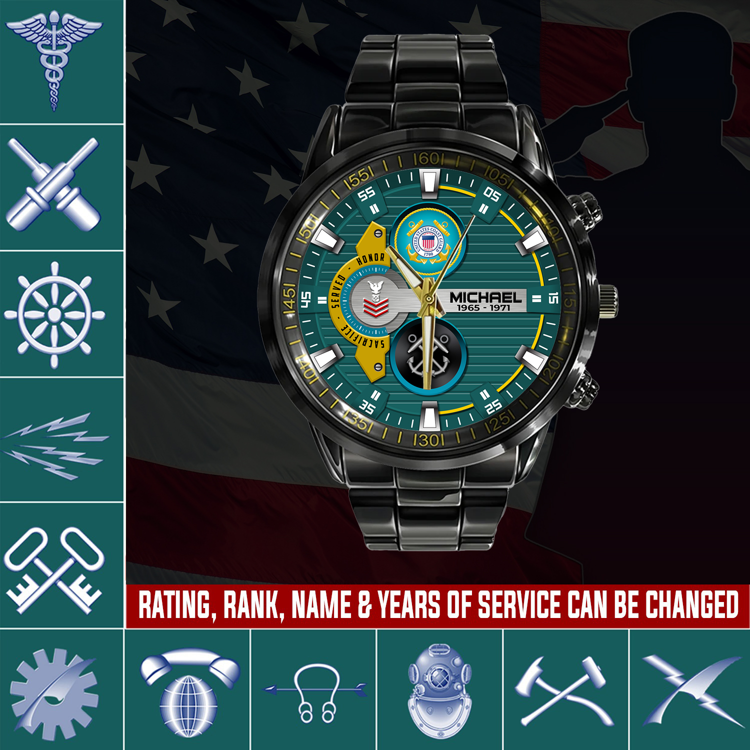 customized uscg rating ss4 black stainless steel watch ptrko