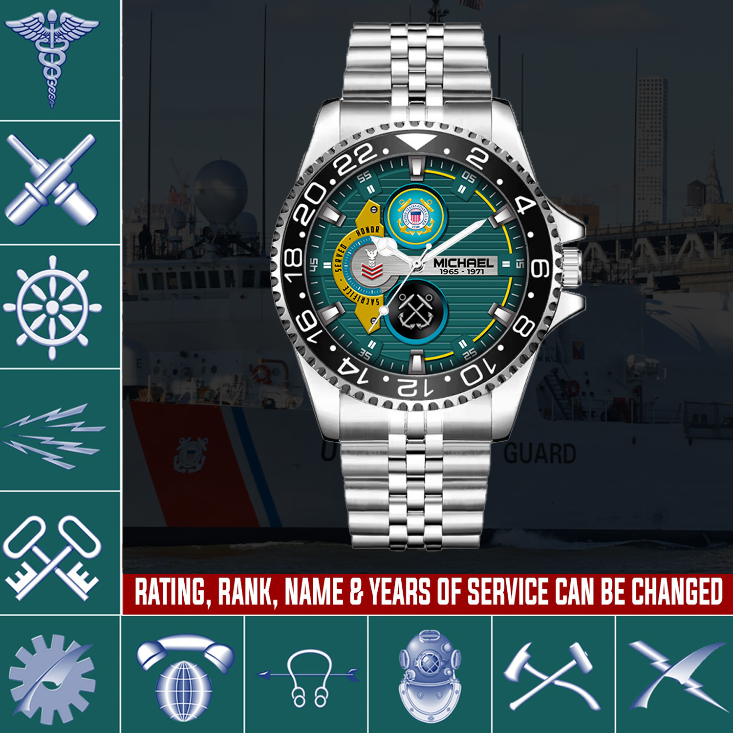 customized uscg rating ss4 silver classic stainless steel watch la8fy