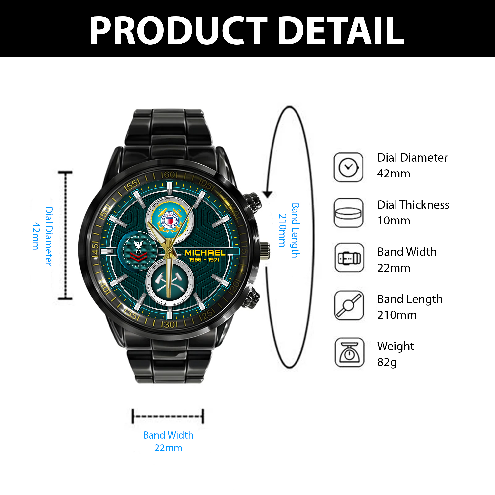 customized uscg rating ss5 black stainless steel watch ukrxu