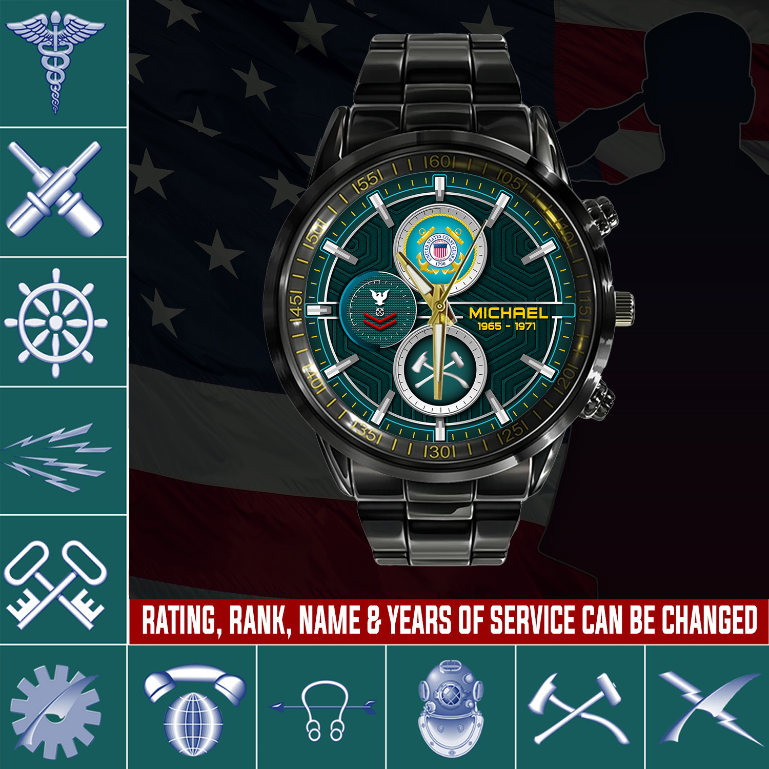 customized uscg rating ss5 black stainless steel watch xhqkw