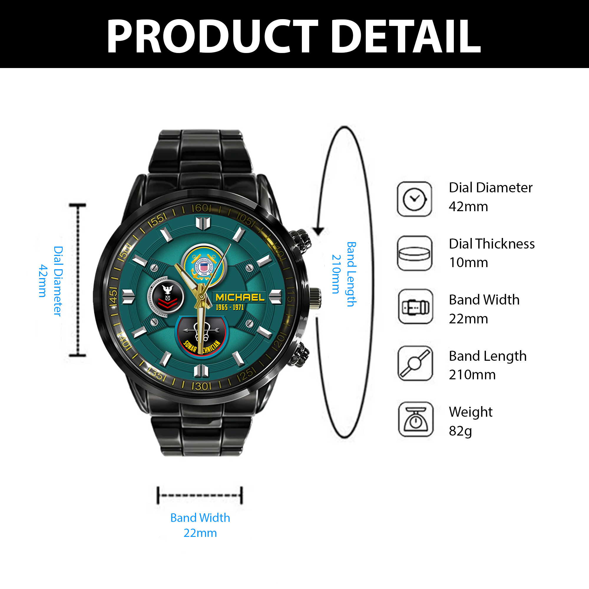 customized uscg rating ss6 black stainless steel watch b0bb9