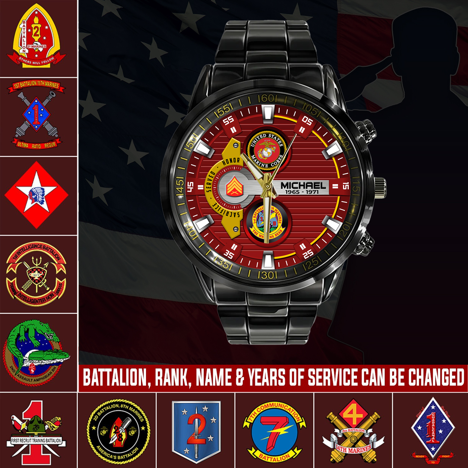 customized usmc battalions ss4 black stainless steel watch unl01