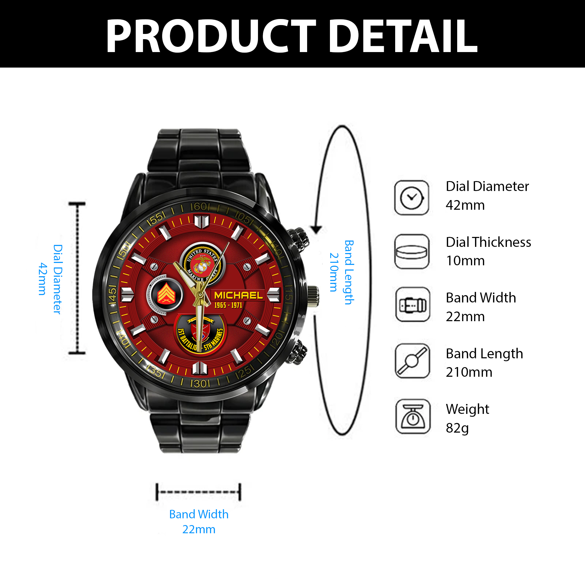 customized usmc battalions ss6 black stainless steel watch 5btvm