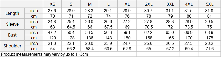 Bomber Size Chart